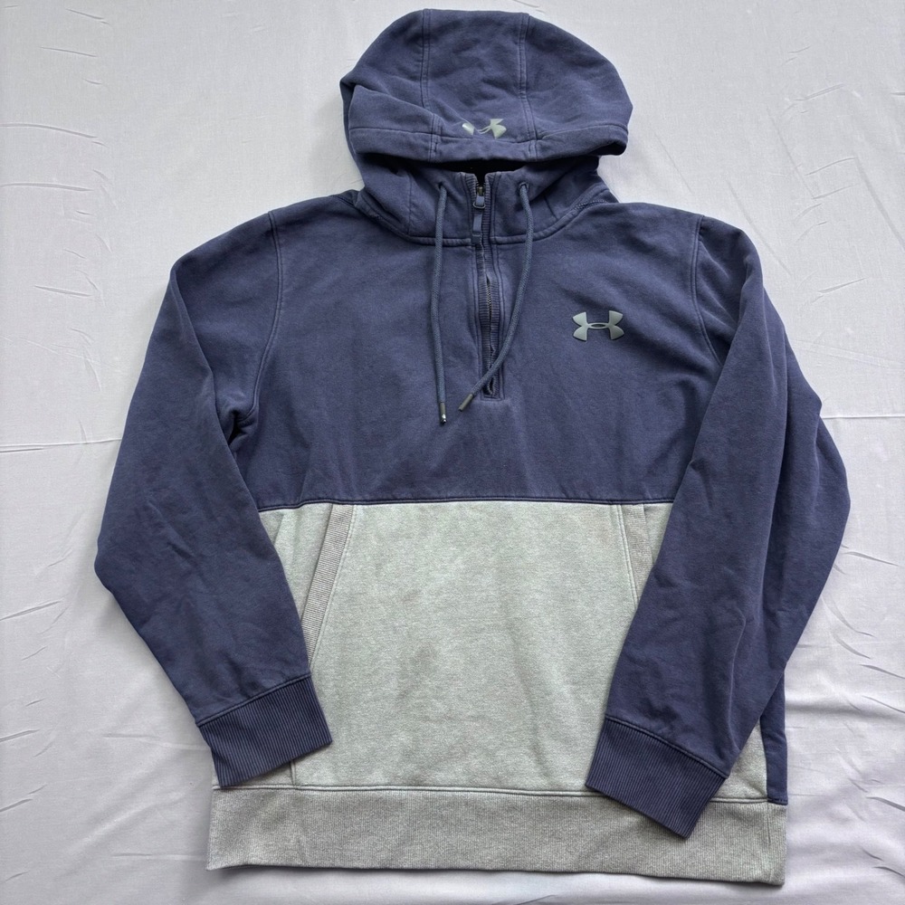 Under Armour Mens ColdGear 1/4 Zip Hoodie Navy Blue Gray Colorblock Medium